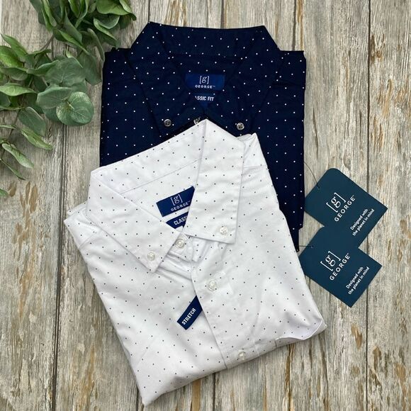 Men's Long Sleeve Poplin Button-Up Polka Dot Dress Casual Shirt 2-Pack Size S - Picture 1 of 12